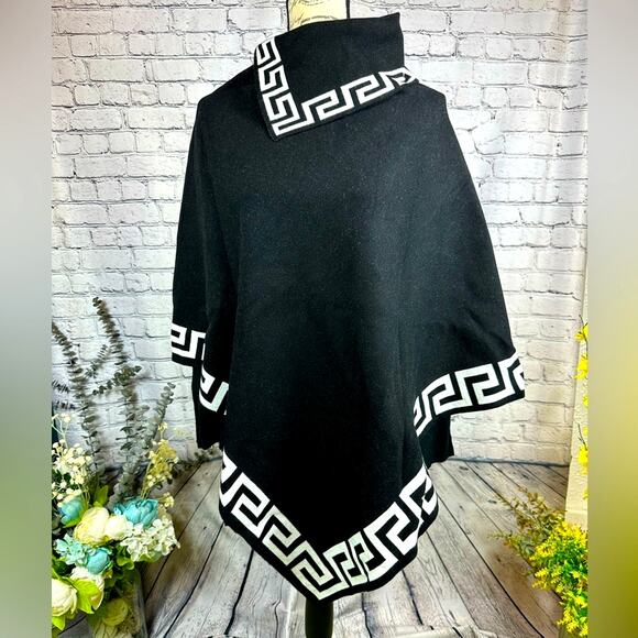 Vintage Loose Geometric Design Pullover Elegant Top Lapel Cowl Neck Cape - Black - Picture 4 of 8